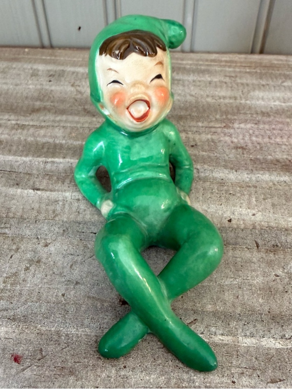 Green Pixie Elf Small Laughing Reclining Ceramic Figurine Japan MCM 1950s VTG